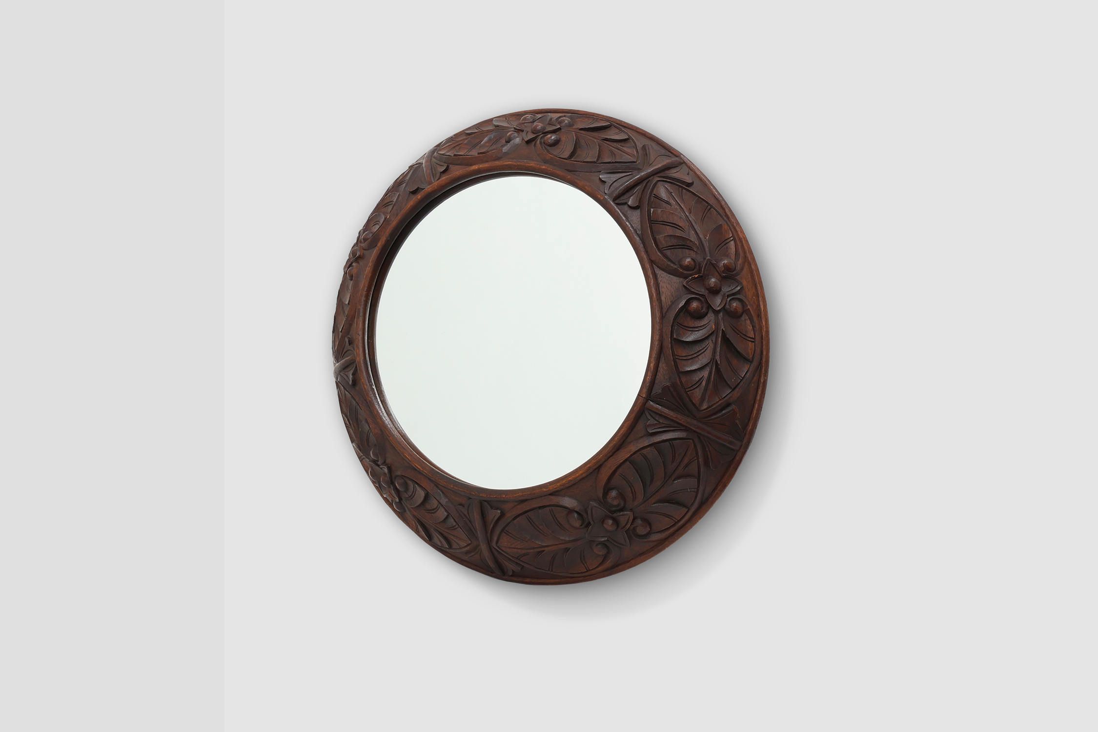 Large oak rustic wall mirror with floral carvings, France 1900sthumbnail
